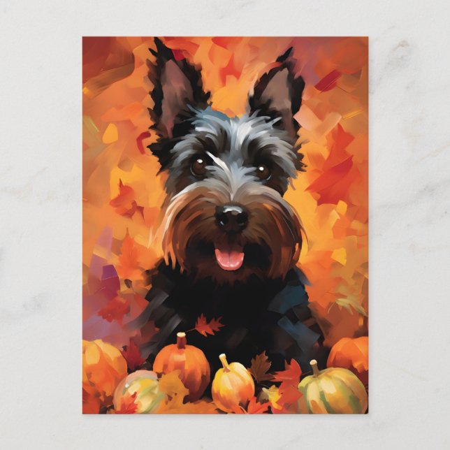 Cartão Postal Ação de Graças do Scottish Terrier Autumn (Frente)