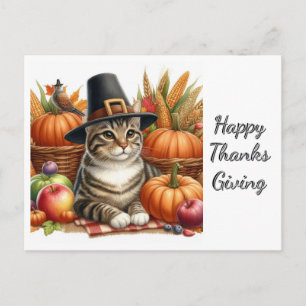 Cartão Postal Ação de Graças Pergrim Cat e Pumpkins