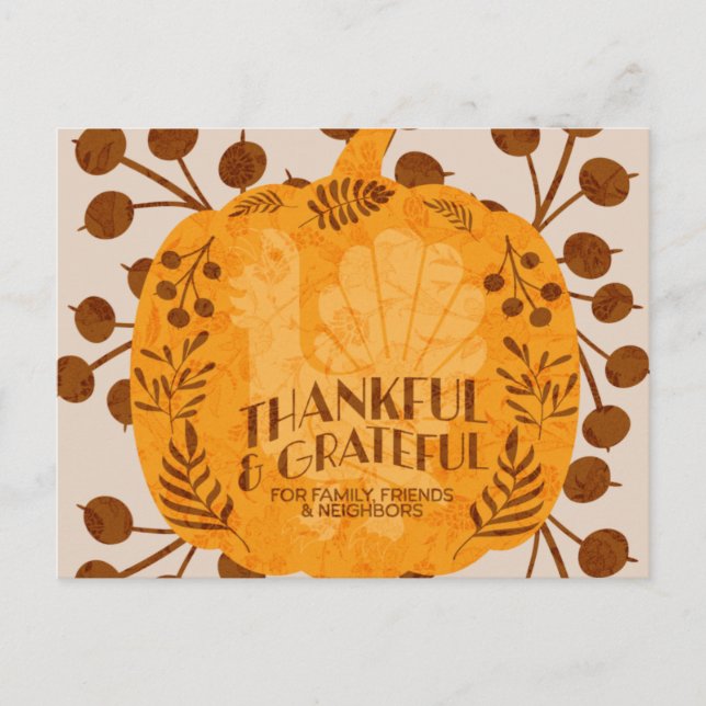 Cartão Postal Ação de Graças Turquia Pumpkin Greenery (Frente)