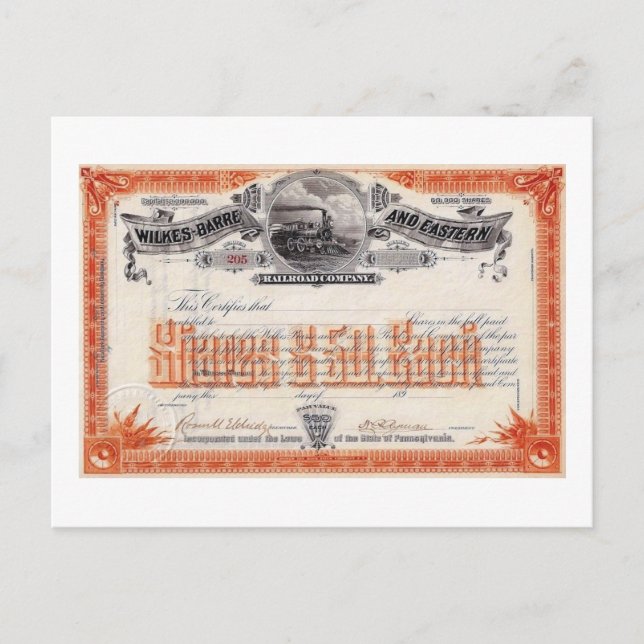 Cartão Postal Ações da Ferrovia Wilkes Barre & Eastern Antigas (Frente)
