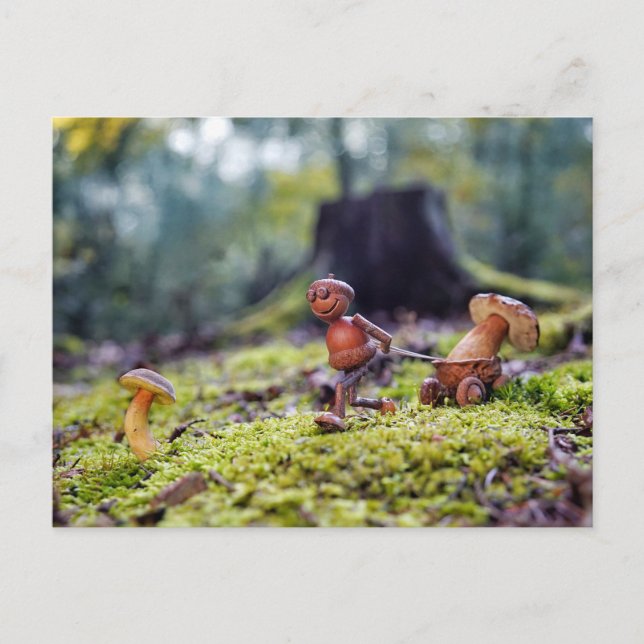 Cartão Postal Acorn elf carregando um cogumelo num pequeno carri (Frente)