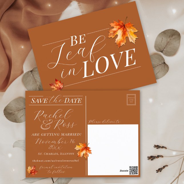 Cartão Postal Acredite no Amor Casamento de Outono Economize a D (Elegant classy rustic Be Leaf in Love BeLeaf fall leaves Autumn wedding save the date postcard)