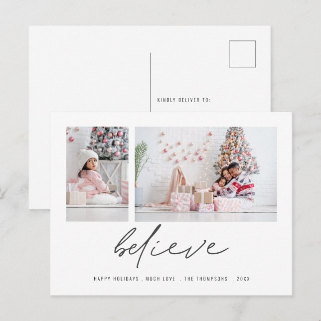 Cartão Postal Acredite no Natal Contemporâneo 2 Fotos Script (Frente/Verso)