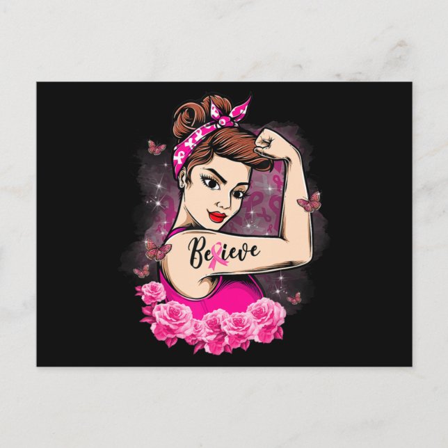 Cartão Postal Acreditem em Fita Rosa Forte Mulheres Cancer Awa (Frente)