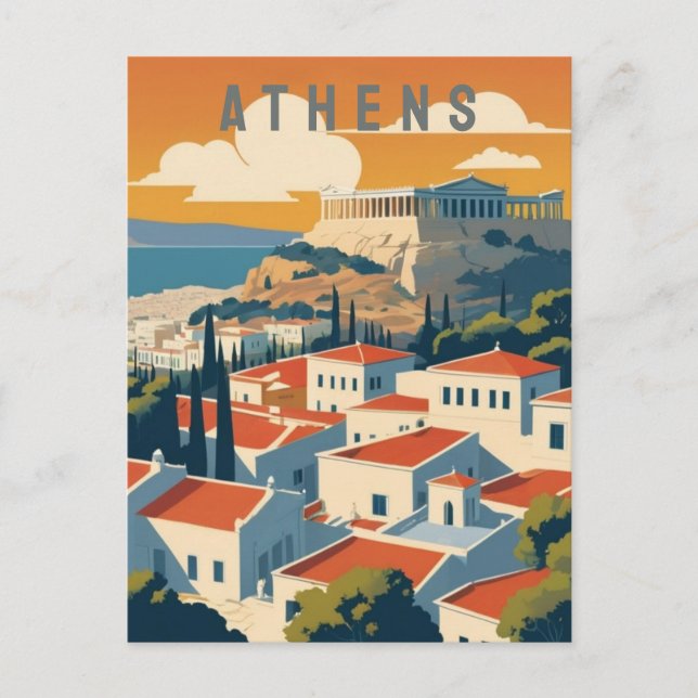Cartão Postal Acrópole da Grécia de Atenas no Sunset Retro-Viage (Frente)