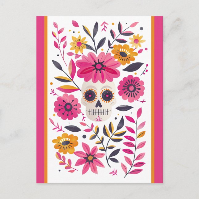 Cartão Postal Açúcar Crânio Fuchsia Flores Mexicanas Cinco de Ma (Frente)