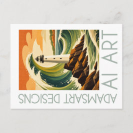 Cartão Postal Adams Art Designs Lighthouse Wave Vintage Coastal