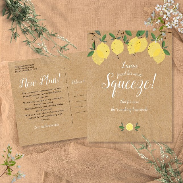 Cartão Postal Adiada a Mudança Rústica de Chá de panela de Data (Rustic Change of Date Bridal Shower Postponed Postcard)