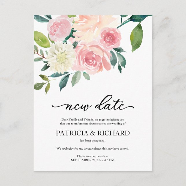 Cartão Postal Adiamento de Casamento Floral do Blush Data Nova (Frente)