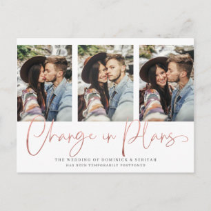 Cartão Postal Adiamento de casamento moderno manuscrito em rosa 