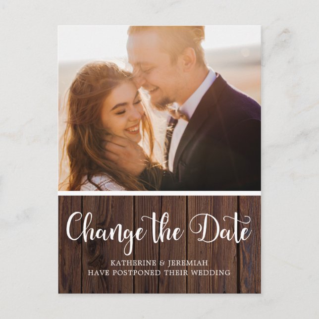 Cartão Postal Adiamento de Casamento Rustic Wood Script (Frente)