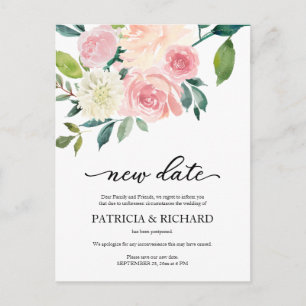 Cartão Postal Adiamento do Casamento Floral Blush Nova Data
