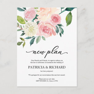 Cartão Postal Adiamento do Casamento Floral Blush Novo Plano