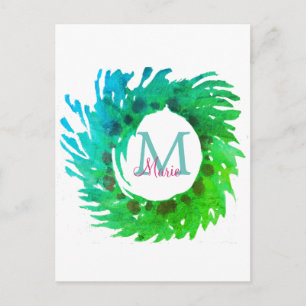 Cartão Postal Adicionar monograma rosa verde verde coroa de Nata