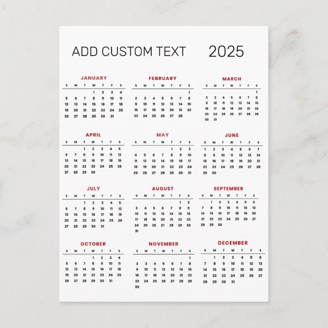 Cartão Postal adicione seu próprio texto personalizado Calendári (Frente)