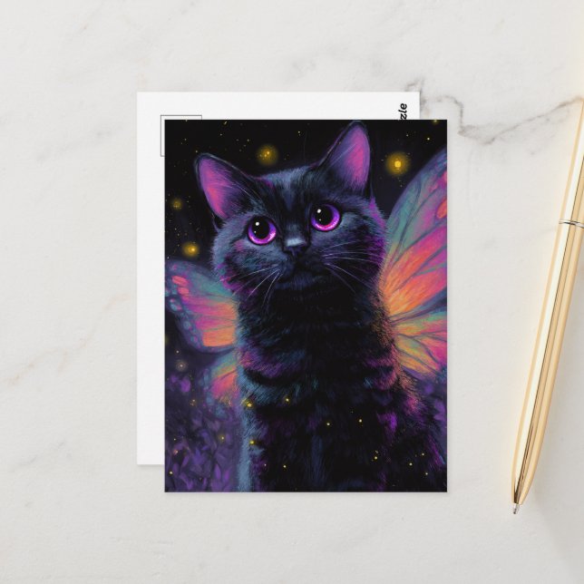 Cartão Postal Adorable Black and Purple Cat Fairy (Frente/Verso In Situ)