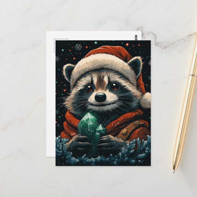 Cartão Postal Adorable Christmas Raccoon (Frente/Verso In Situ)
