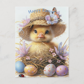 Cartão Postal Adorable Duckling Straw Hat Easter Egg Flowers