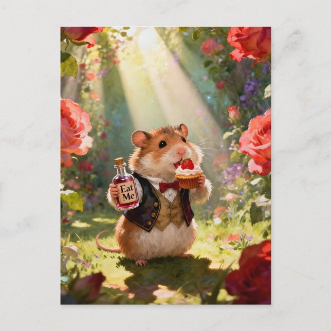 Cartão Postal Adorable Hamster Eats Strawberry Cupcake (Frente)
