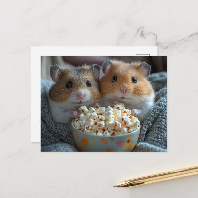 Cartão Postal Adorable Hamsters With Popcorn (Frente/Verso In Situ)