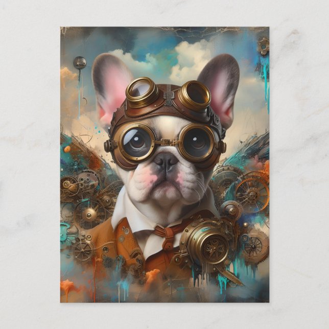 Cartão Postal Adorable Steampunk French Buldog (Frente)