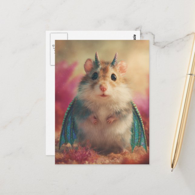 Cartão Postal Adorable Sweet Hamster Dragon with Horns (Frente/Verso In Situ)