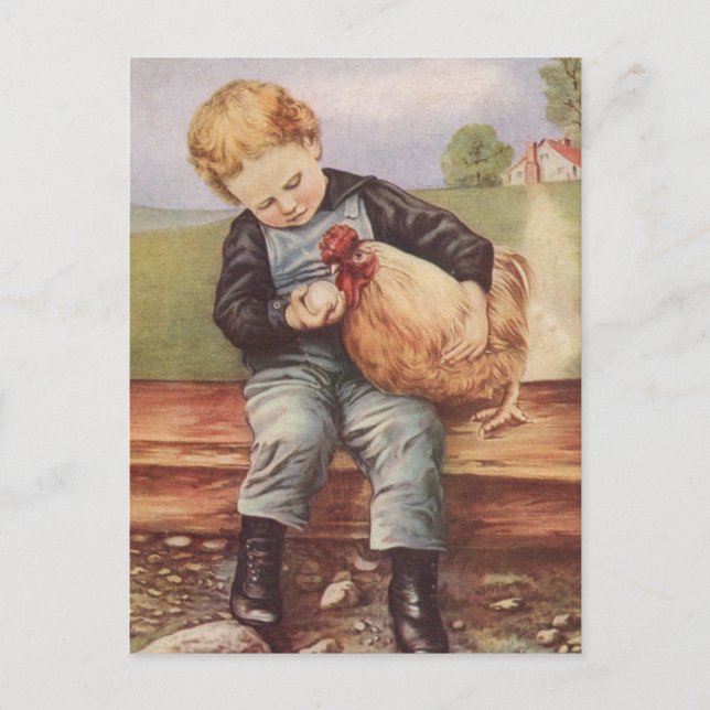 Cartão Postal Adorable Vintage Boy and Chicken (Frente)