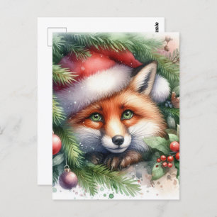Cartão Postal Adorable Watercolor Red Fox Natal