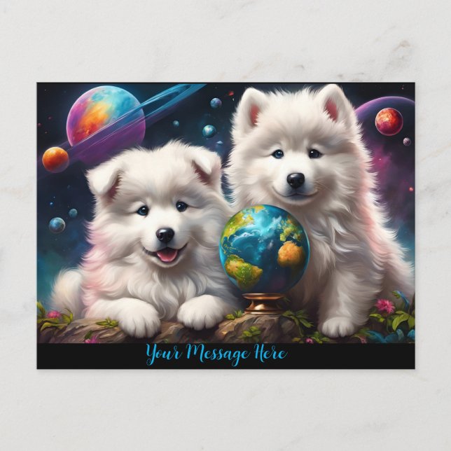 Cartão Postal Adoráveis Filhotes de Samoyed Fofos, Terra (Frente)