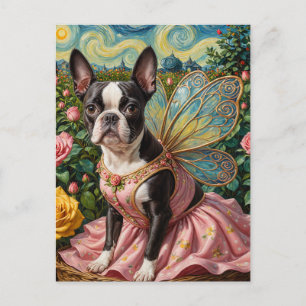 Cartão Postal Adorável Boston Terrier Fairy em um jardim de Rosa