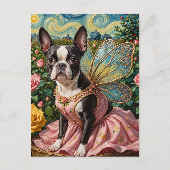 Cartão Postal Adorável Boston Terrier Fairy em um jardim de Rosa (Frente)