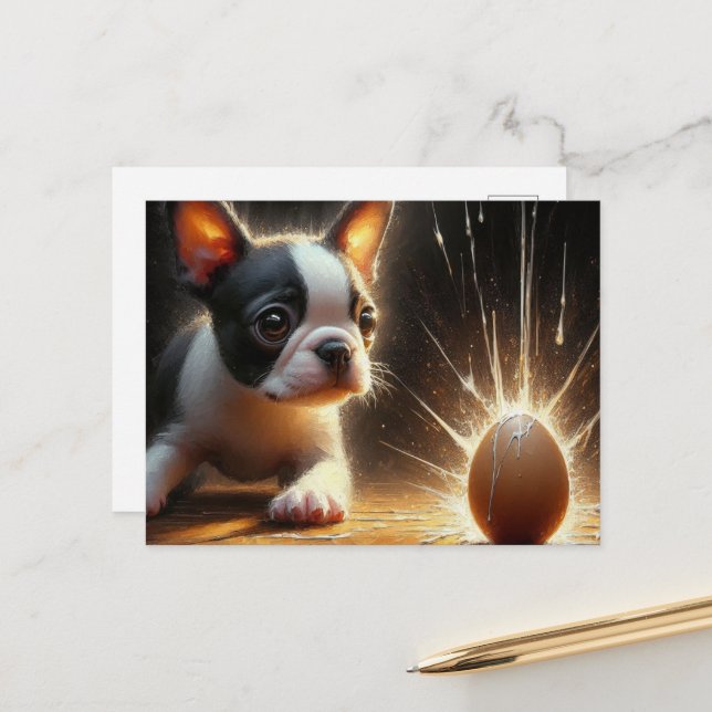 Cartão Postal Adorável Boston Terrier Puppy Broken Egg (Frente/Verso In Situ)