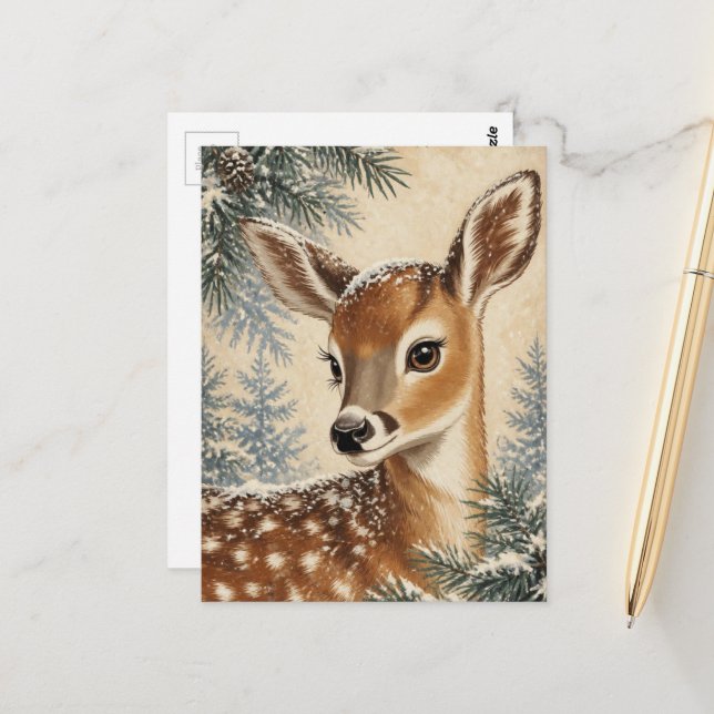 Cartão Postal Adorável Fawn de Inverno (Frente/Verso In Situ)