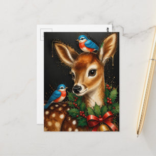 Cartão Postal Adorável Fawn de Natal Retrô