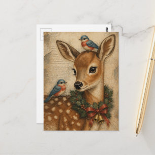 Cartão Postal Adorável Fawn e Pássaros de Natal Vintage