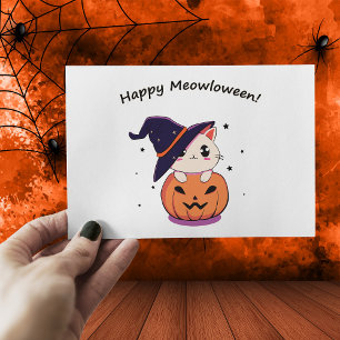 Cartão Postal Adorável Gata Bruxa Kawaii na Abóbora de Halloween