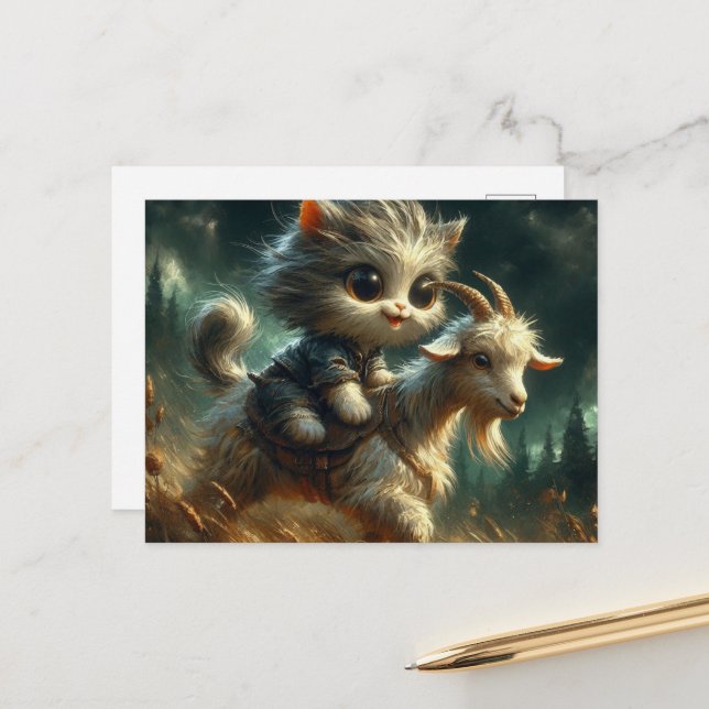 Cartão Postal adorável gatinha de cinza cavalgando uma cabra (Frente/Verso In Situ)