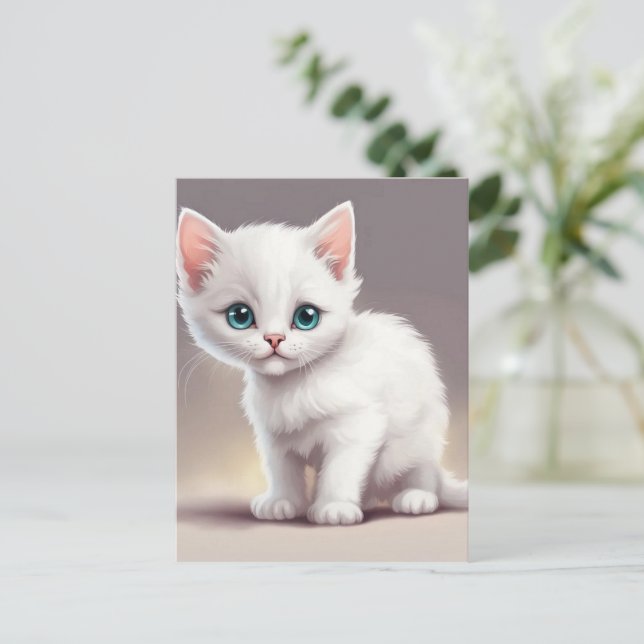 Cartão Postal Adorável gatinho branco (Em pé/Frente)