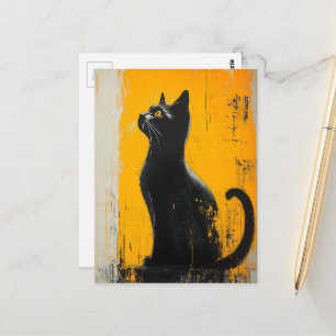 Cartão Postal adorável gatinho preto grunge fundo amarelo