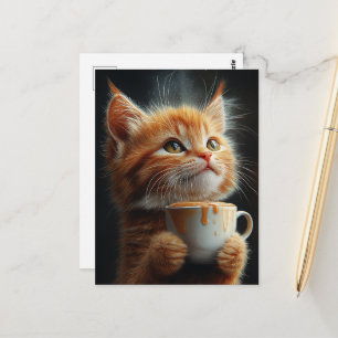 Cartão Postal Adorável Gatinho Ruivo Com um Café Caramelo