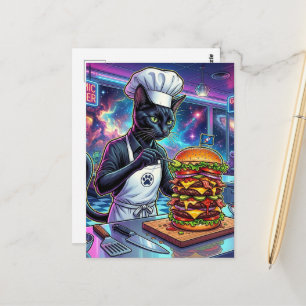 Cartão Postal Adorável Gato Chef Preparando Hambúrguer Gigante