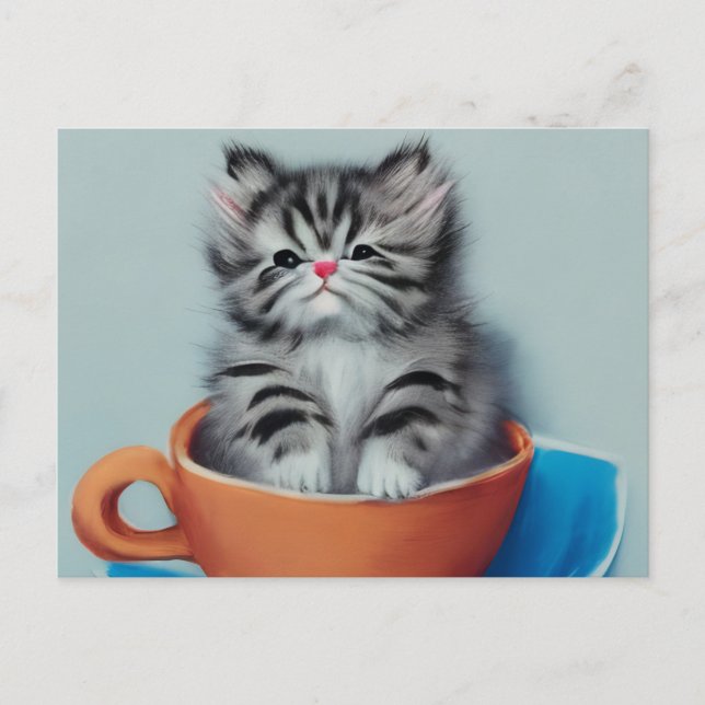 Cartão Postal Adorável Kitten em um Cartão-postal Teacup (Frente)