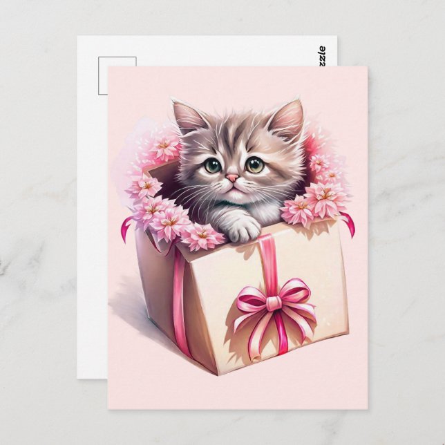 Cartão Postal Adorável Kitten em uma Caixa Aniversário Presente (Frente/Verso)