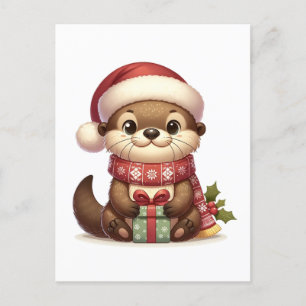 Cartão Postal Adorável lona de Natal em Santa Hat com Presente