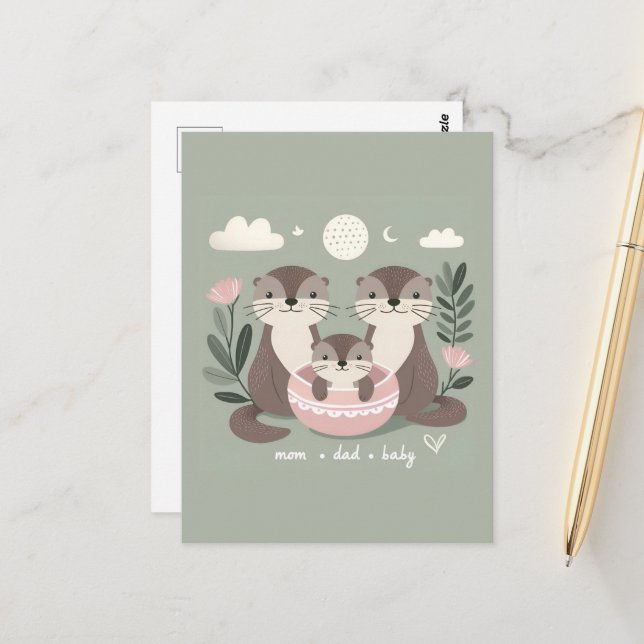 Cartão Postal Adorável Otter Boho Mãe Pai e bebê (Frente/Verso In Situ)