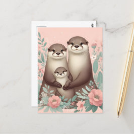 Cartão Postal Adorável Otter Boho Rosa Mãe Pai e Bebê