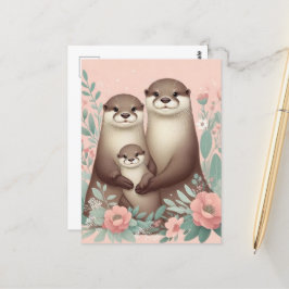 Cartão Postal Adorável Otter Boho Rosa Rosa Rosa Pai e Bebê