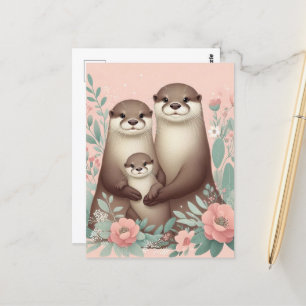 Cartão Postal Adorável Otter Boho Rosa Rosa Rosa Pai e Bebê