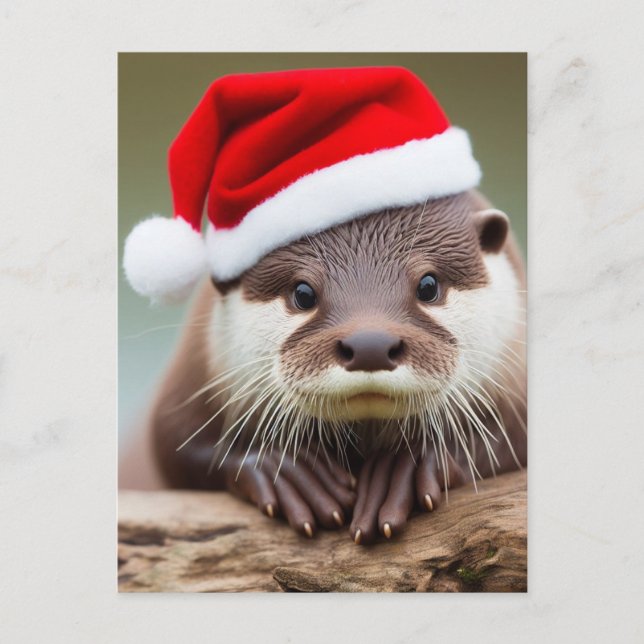 Cartão Postal Adorável Otter Santa Hat (Frente)