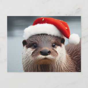 Cartão Postal Adorável Otter Santa Hat